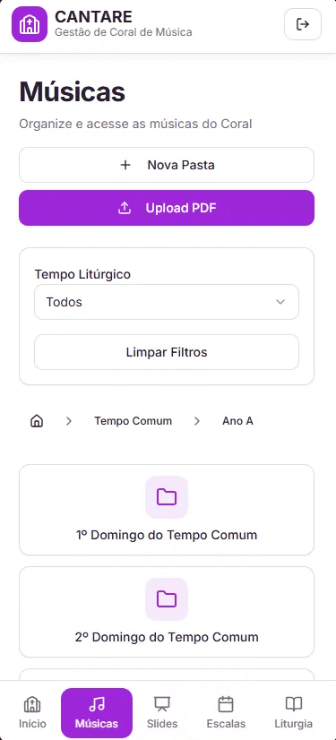 Tela de músicas do Cantare, com os botões de nova pasta e de upload de PDF acima da lista de pastas